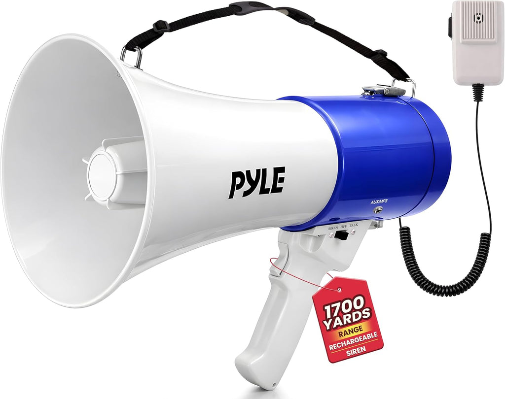 50W Portable Megaphone Bullhorn Speaker – Alarm Siren, Adjustable Volume up to 1700 Yards, Aux Input, USB/TF