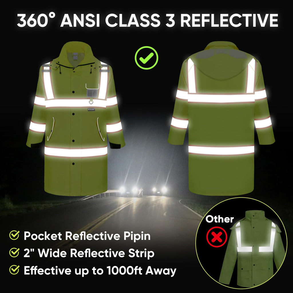 Reflective Rain Coat, Waterproof ANSI Class 3 Hi Vis Trench Coat
