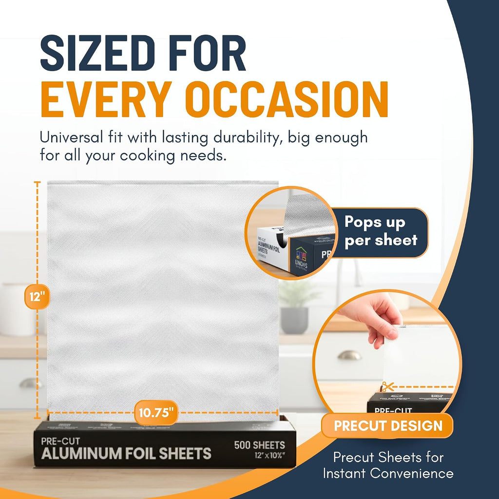Pre-Cut Aluminum Foil Sheets 500 Count - Foil Sheets For Food, 12” x 10.75”, Easy Dispense Packaging, Premium Pop Up