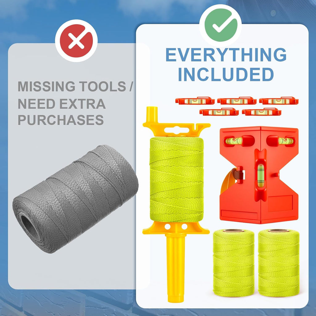 3 Rolls Mason Line String with 1 Post & 1 Pipe Level & 5 Line Levels, #18 500 Feet Braided Construction Nylon Twine