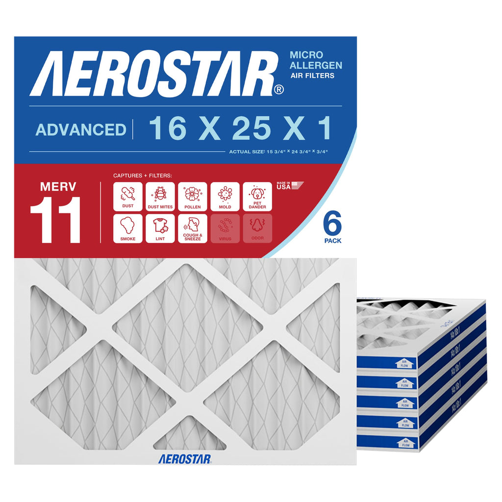 Air Filter 16x25x1 MERV 11 AC Filter, HVAC, Furnace Filter, 6 Pack