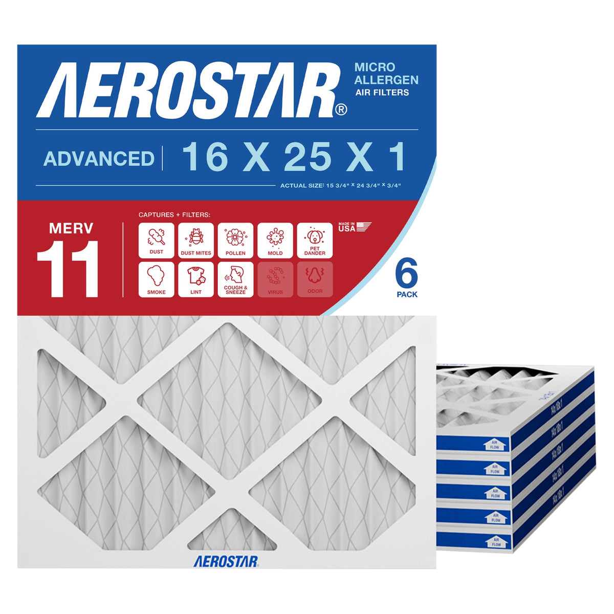 Air Filter 16x25x1 MERV 11 AC Filter, HVAC, Furnace Filter, 6 Pack