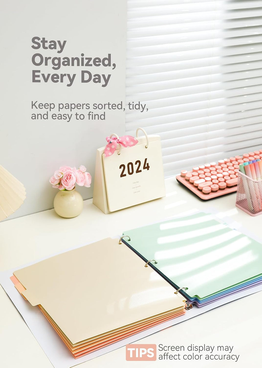 Plastic Folders with Pockets, 3 Hole Punched for 3 Ring Binder, 1/3 Cut Index Tabs for Quick Find, Pastel 6 Pack
