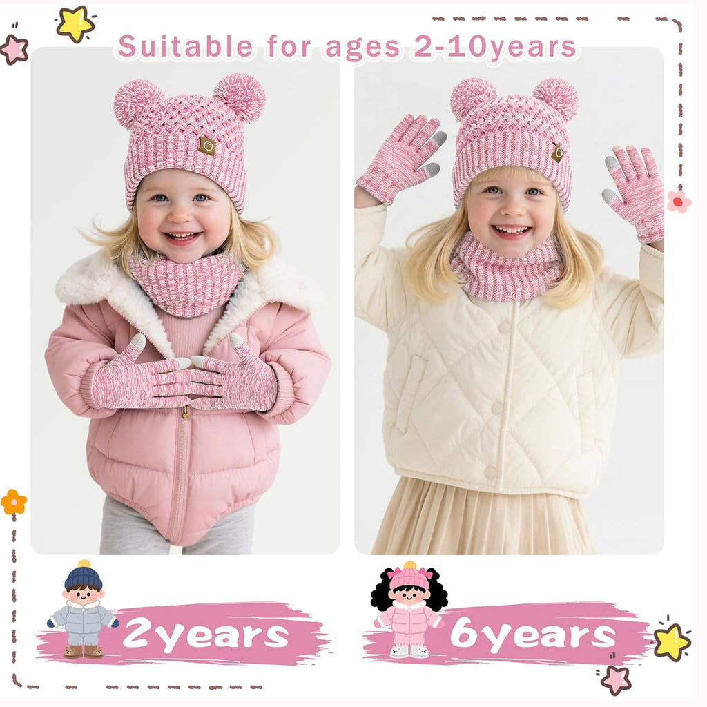 Kids Winter Hat Gloves Scarf Set,Toddler Girls Winter Hat Kids Beanie with Pom Neck Warmer Gaiter Mittens Fleece