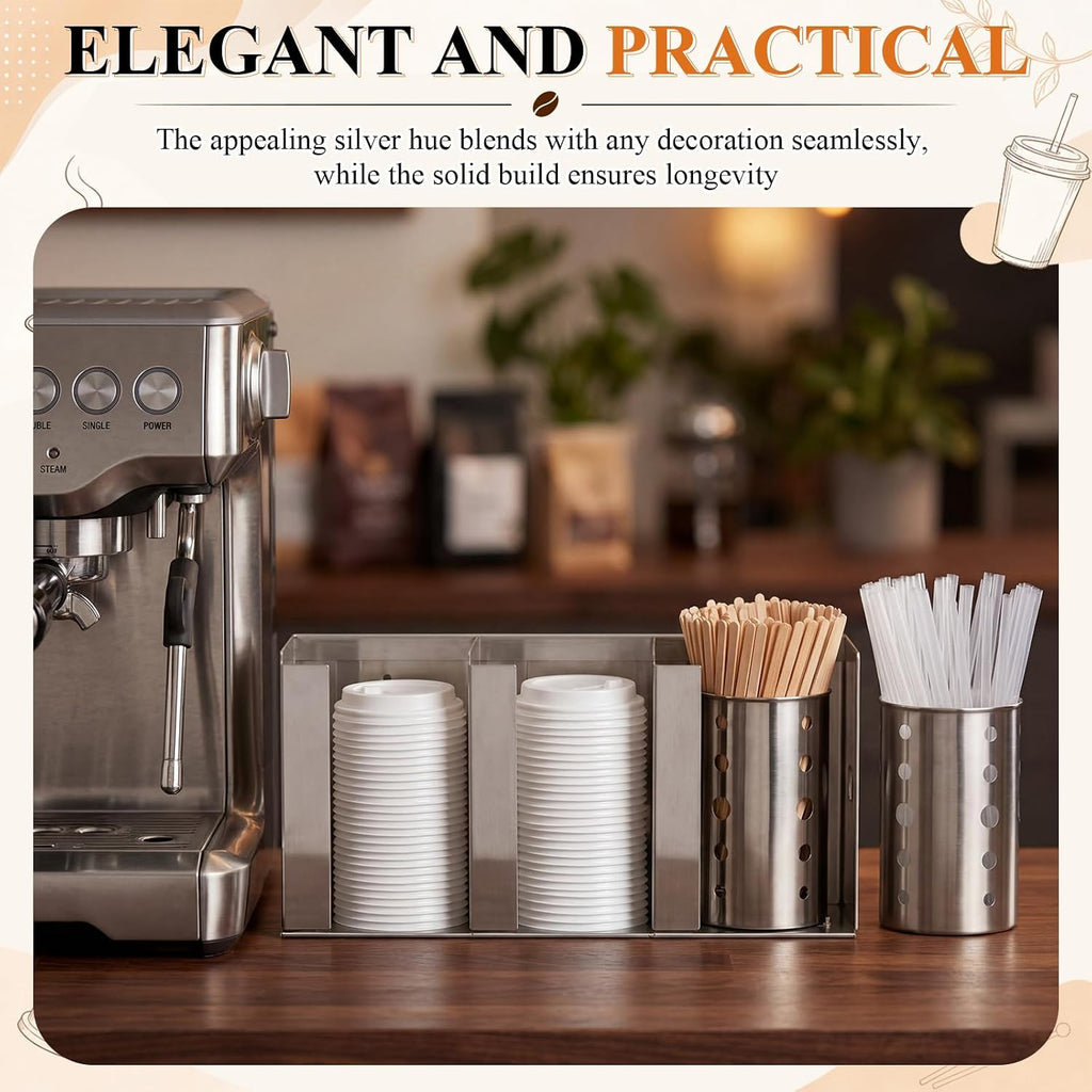 3 Compartments Stainless Steel Cup Dispenser with 2 Straw Holder