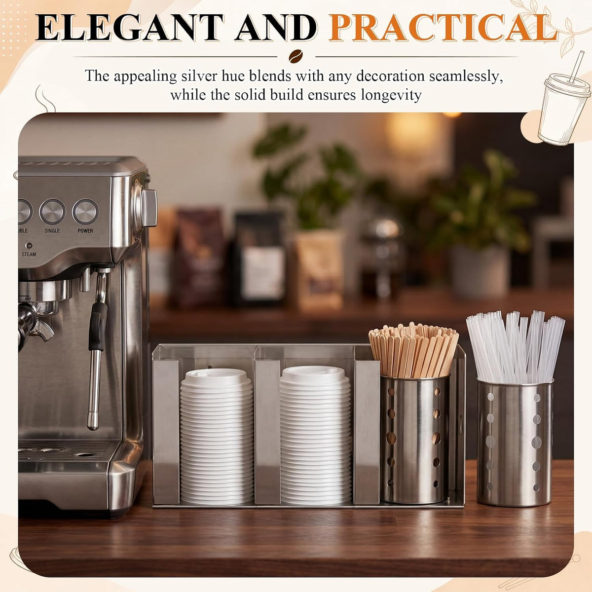 3 Compartments Stainless Steel Cup Dispenser with 2 Straw Holder