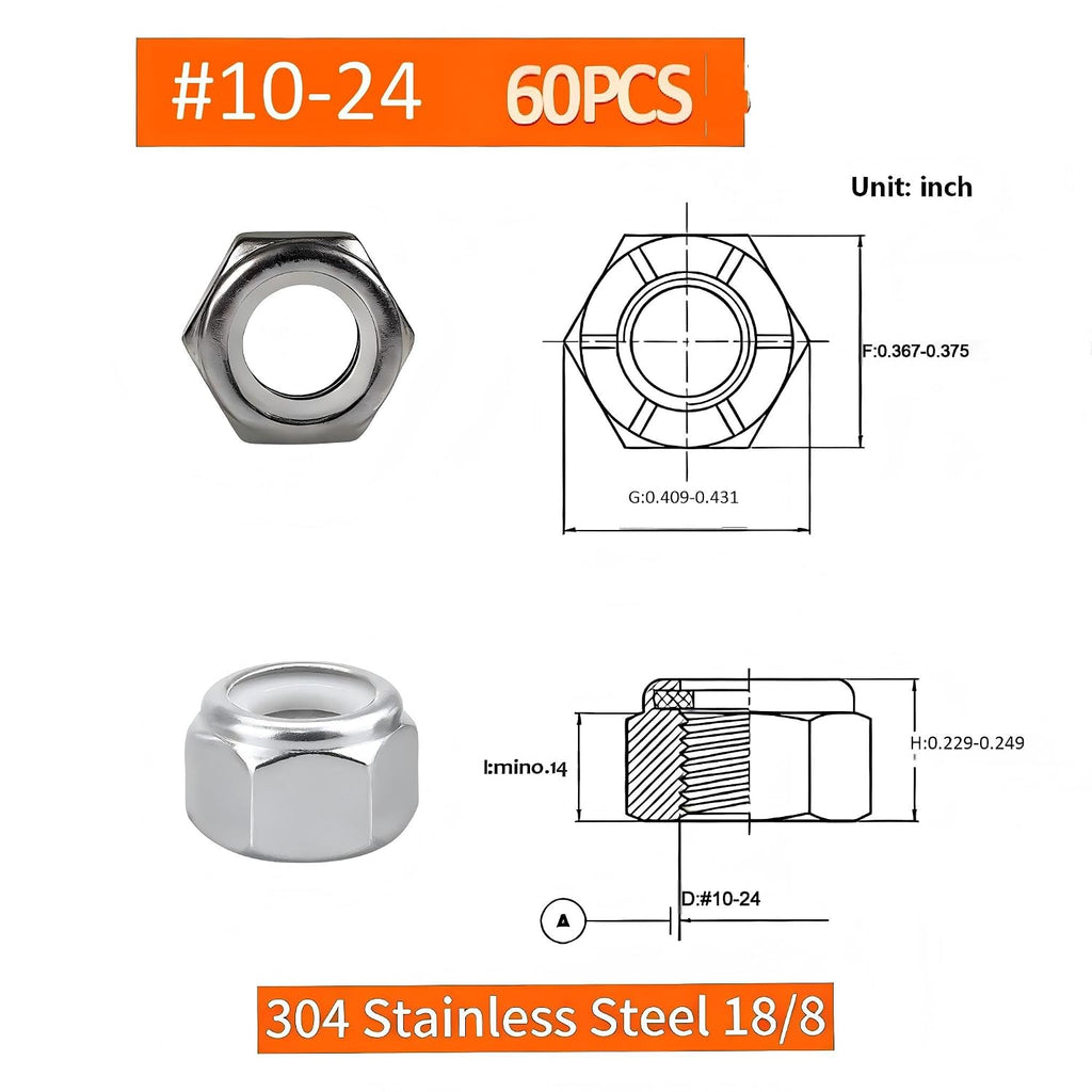 #10-24 Locknuts,60PCS 304 (18-8) Stainless Steel Nylon Insert Lock Nuts,Standard Inch Thread Nylock Nuts