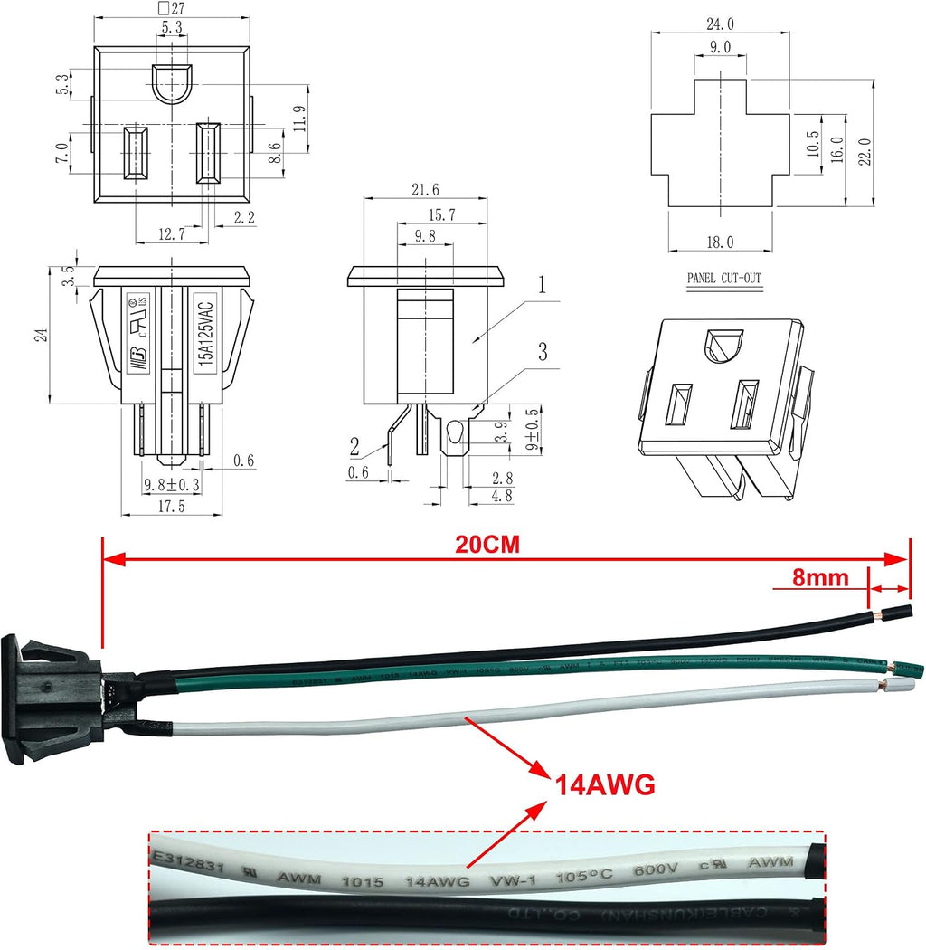 2PCS 15A 125V AC Panel Mount Outlet Industrial Plug Female Connectors