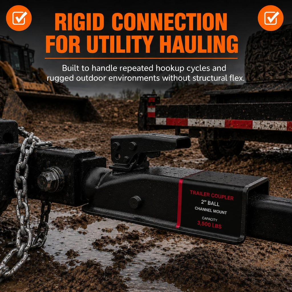 Straight Trailer Coupler for 2" Ball and 2" Channel Tongue, 3500 lbs Gross Weight Capacity, E-Coated Black Steel for