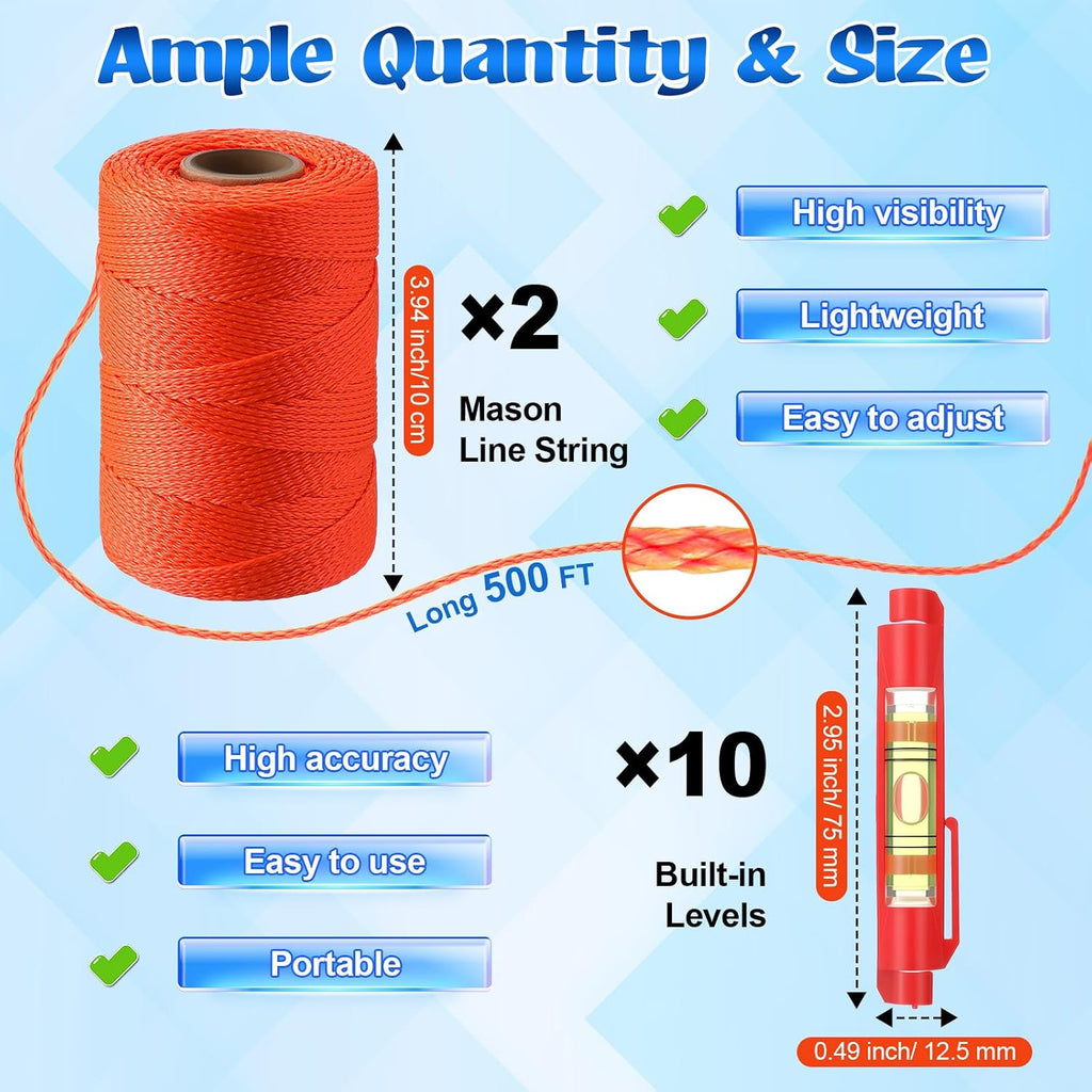 2 Pc Mason Line String #18 500 ft & 10 Pc Built-in Levels, Orange | String Level Line Kit, Suitable for DIY