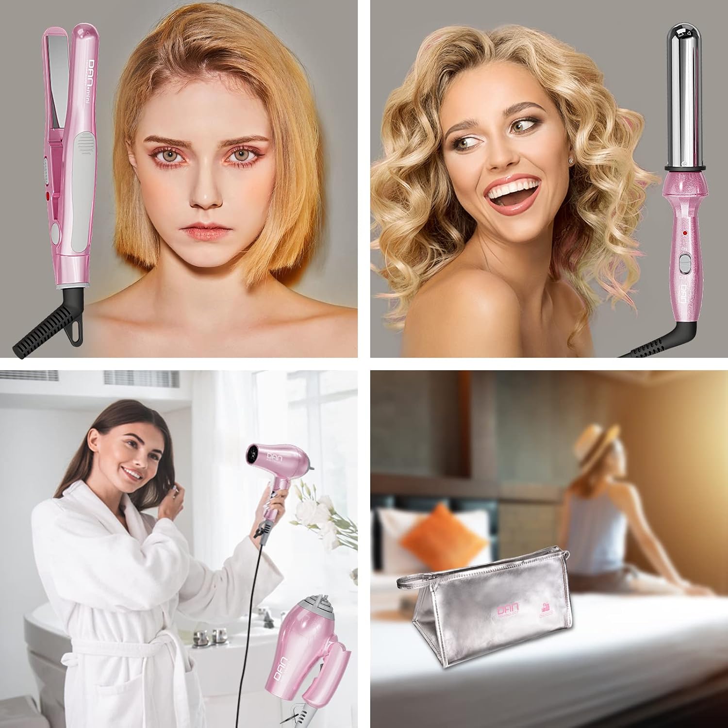Hair Styling Set, Including Travel Hair Dryer, Mini Flat Iron, and Travel Curling Iron with European Plug, Dual