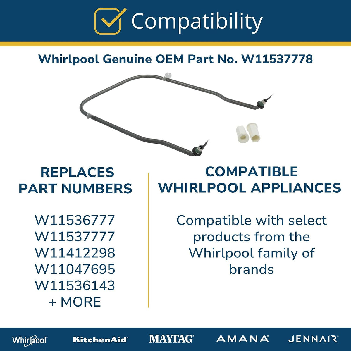 Whirlpool W11537778 Genuine OEM Dishwasher Heating Element Replacement Part