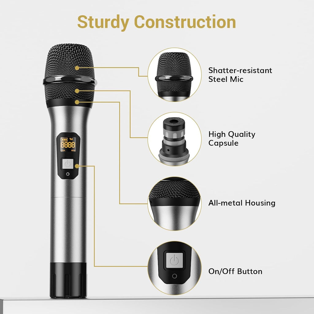 Wireless Microphones System, 2 * 15 Channel Dynamic Mics Silver*2 | UHF Handheld Metal Mic with Receiver, Pro