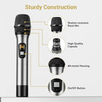 Wireless Microphones System, 2 * 15 Channel Dynamic Mics Silver*2 | UHF Handheld Metal Mic with Receiver, Pro