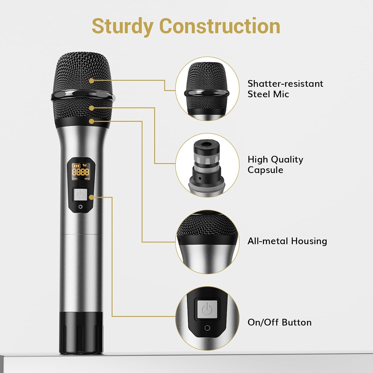 Wireless Microphones System, 2 * 15 Channel Dynamic Mics Silver*2 | UHF Handheld Metal Mic with Receiver, Pro