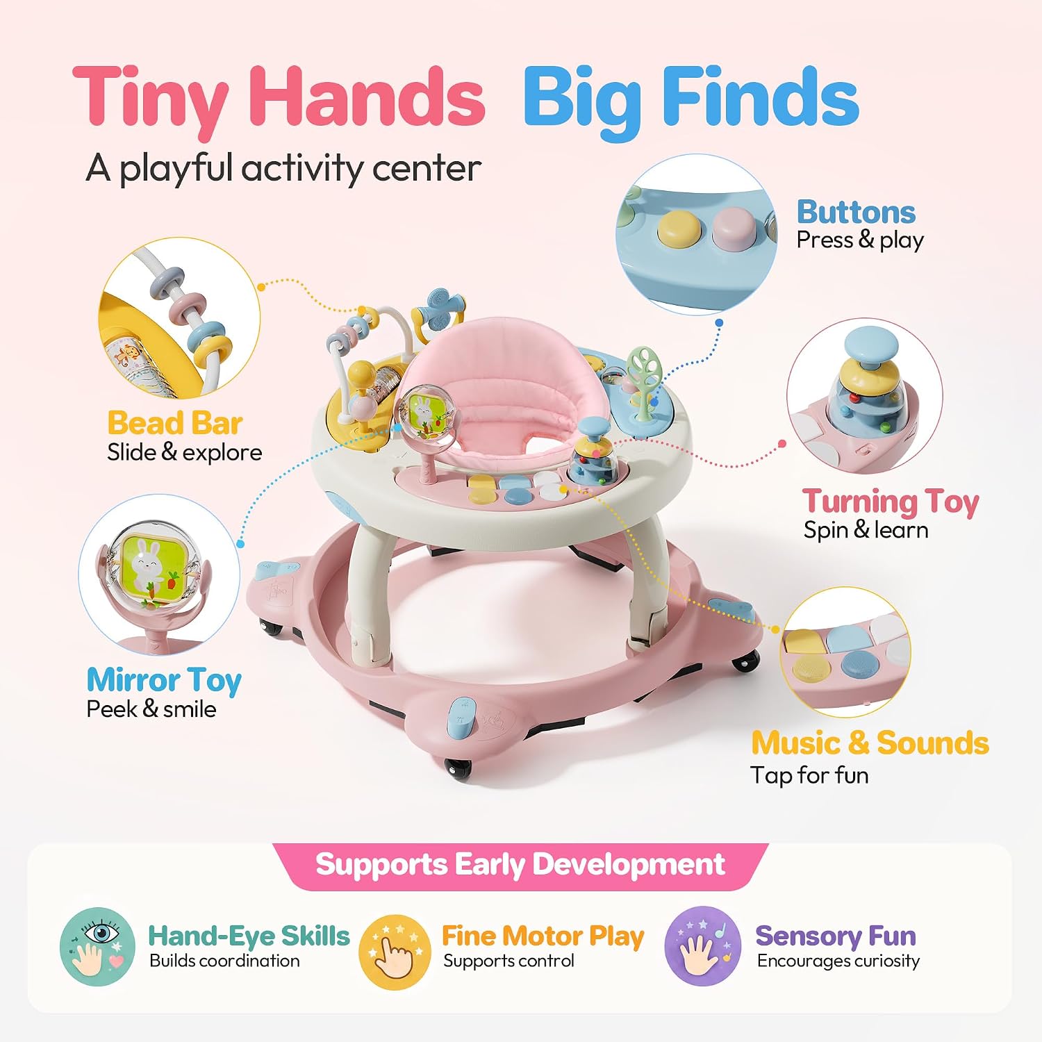 Baby Walker with Wheels,3-in-1 Foldable Infant Walker for Baby 6-12 Months,360° Rotating Seat with Activity