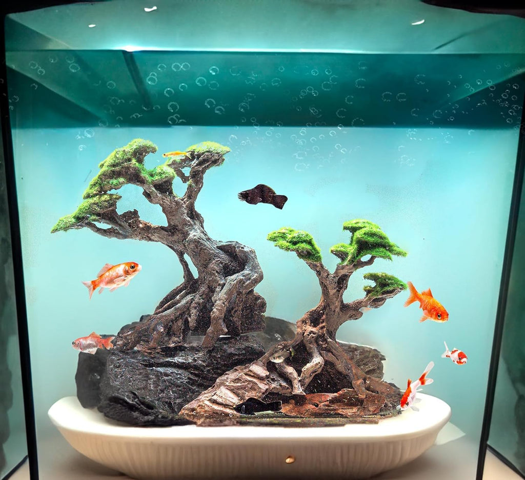 Fish Tank Decor- Bonsai Trees with Faux Moss- Aquarium Rocks Aquascaping- Made of Sandstone, Goldfish Betta Fish Tank