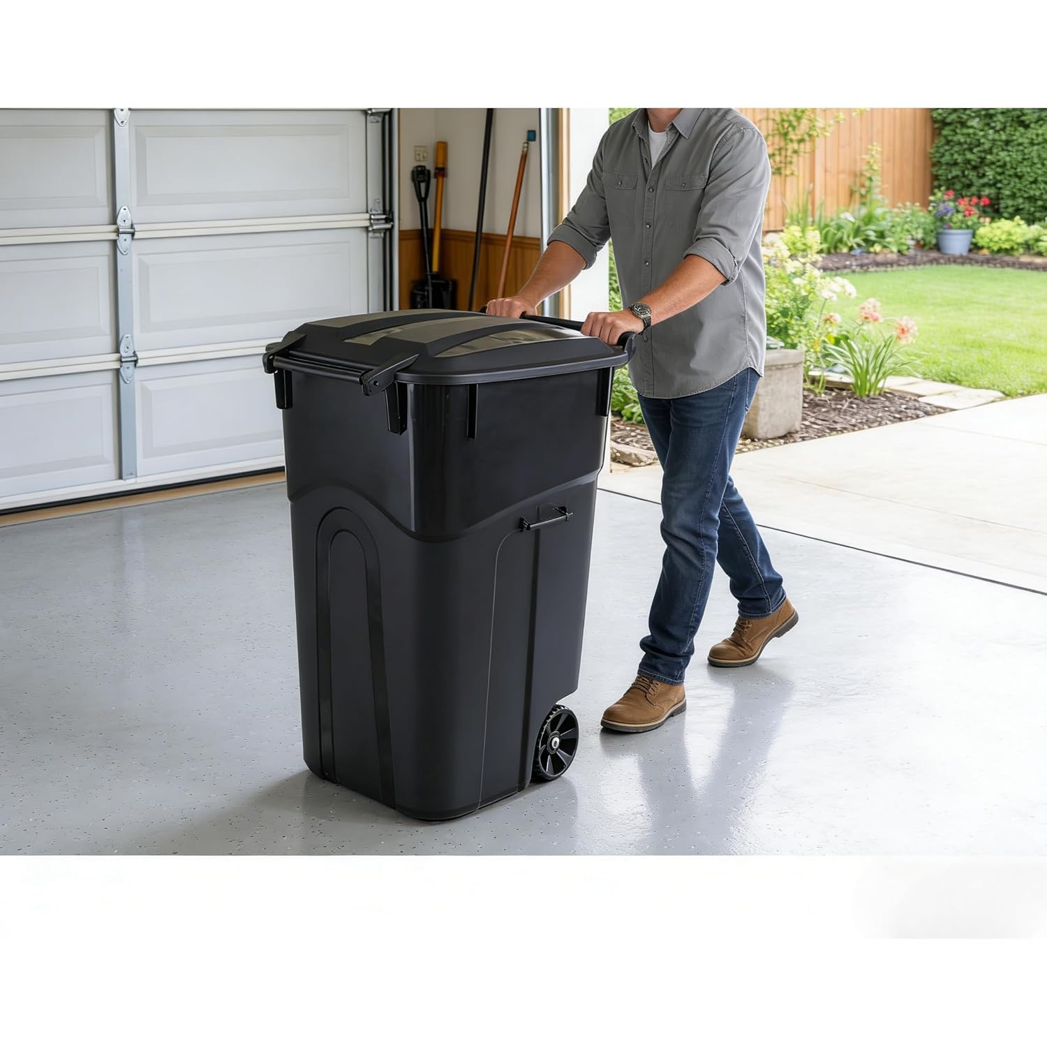 32 Gallon Outdoor Trash Can, Garbage Can with Wheels, Outdoor Garbage Can with Lid, for Indoor/Outdoor Use, Waste