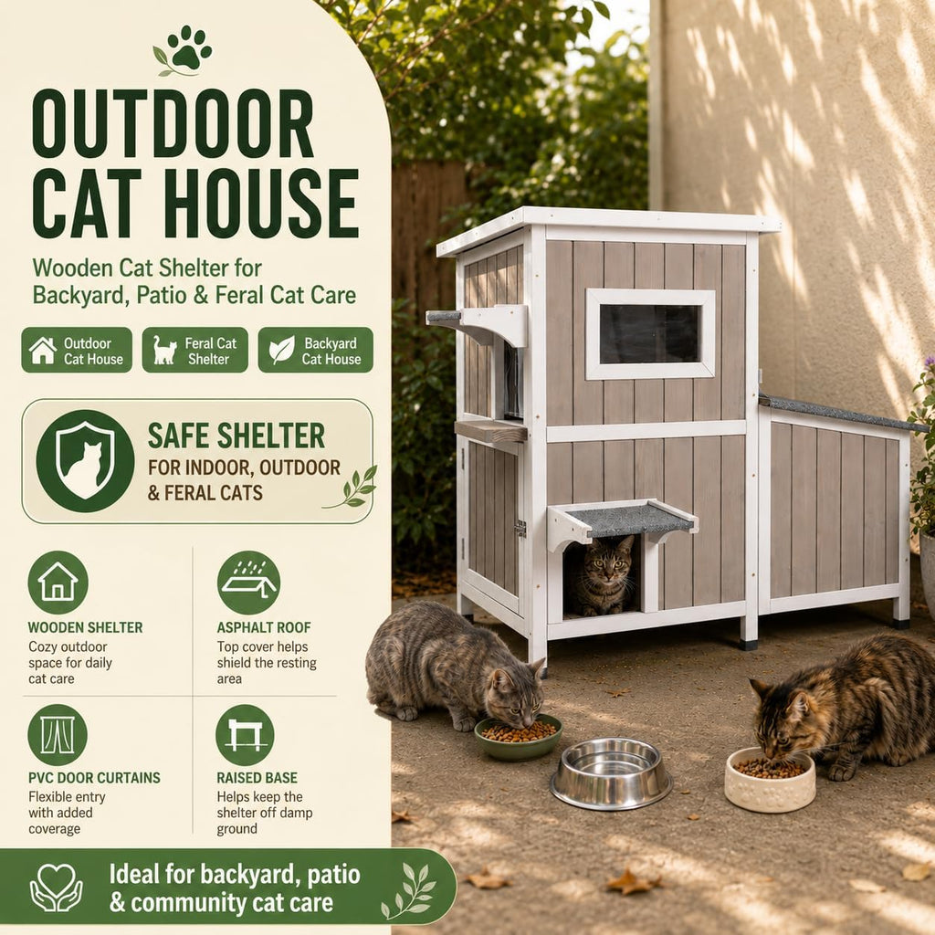 Outrdoor Cat House for 2-3 Cats Safe Outdoor Feral Cat Shelter Weatherproof Wooden Cat Houses with 3 Rooms 3 Escape