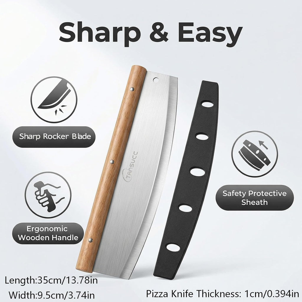 12 Inch Pizza Cutter Rocker Blade, Stylish Rubberwood Wood Handle, Protective Cover - sharp pizza cutter