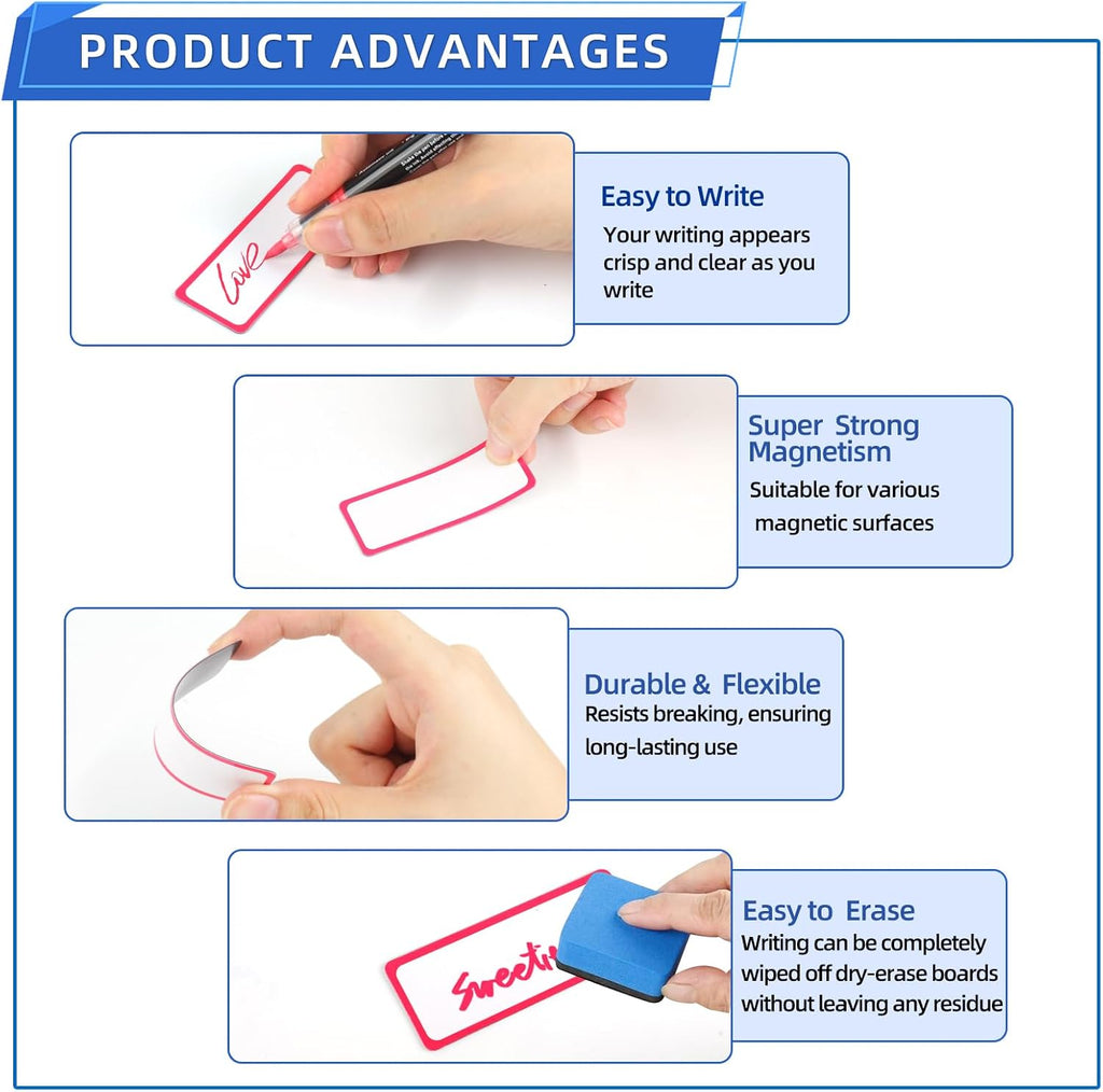 72PCS Magnetic Dry Erase Labels, 3.2"x1.2" Reusable Colorful Name Plates, Waterproof Magnetic Label Stickers for