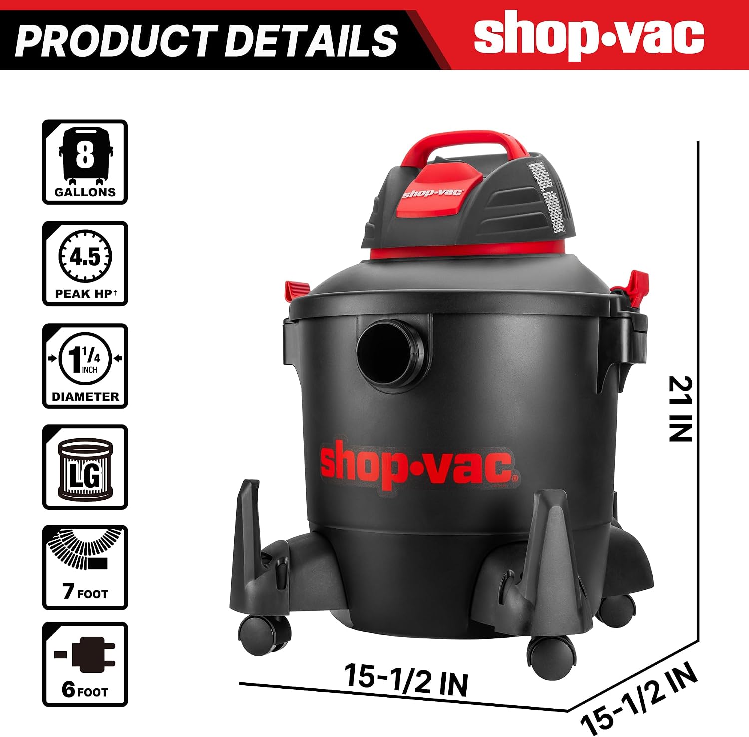 5922805 8 Gallon 4.5 Peak HP Wet/Dry Vacuum with Blower Function | 1.25 Inch Diameter x 7 Foot Hose, 6 Foot Cord