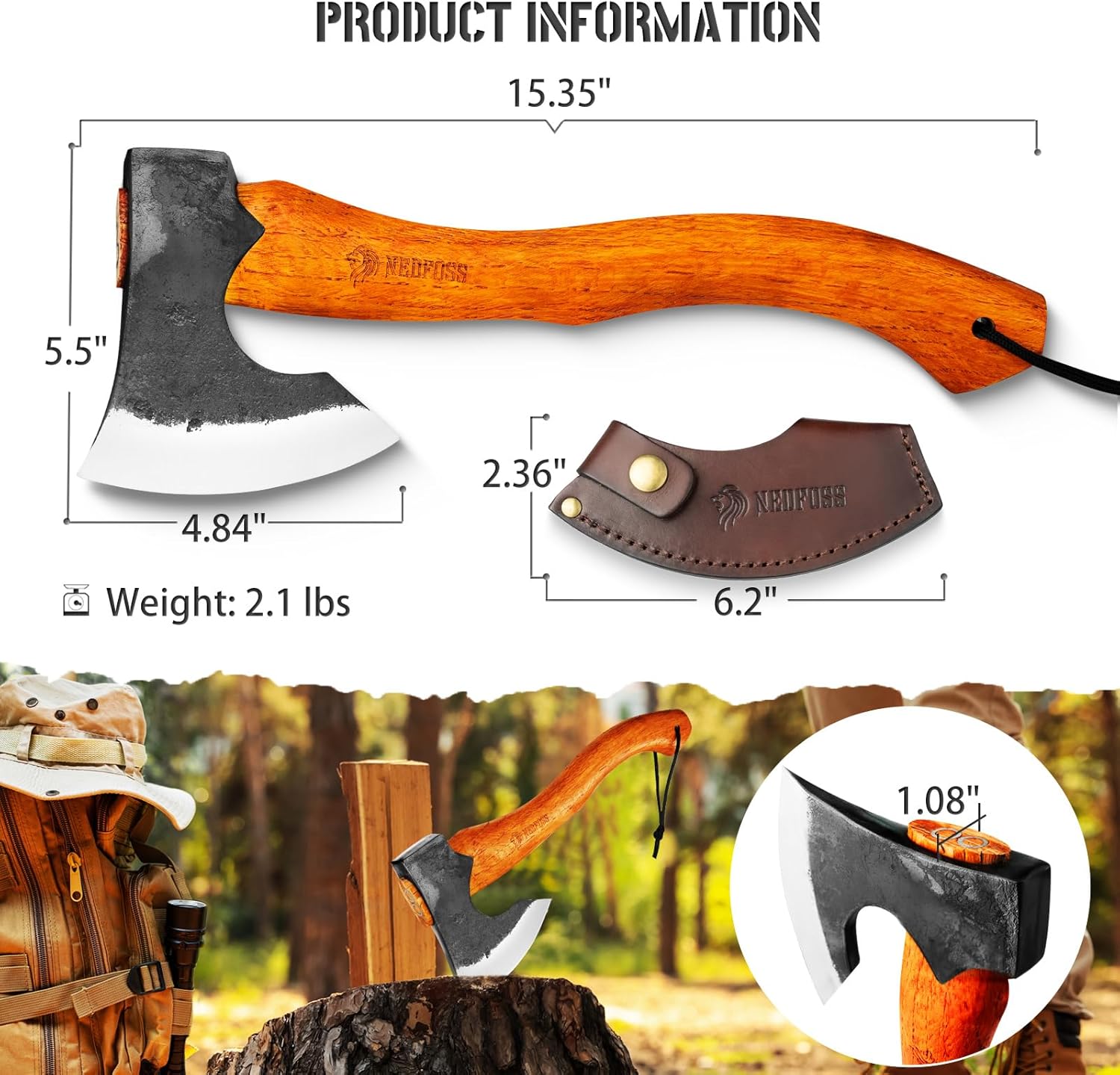 Mammoth Hatchet, 15.5" Hand-Forged Camping Axes Hatchet with Sheath | Wood Chopping Axe, Hand Gardening Axes for