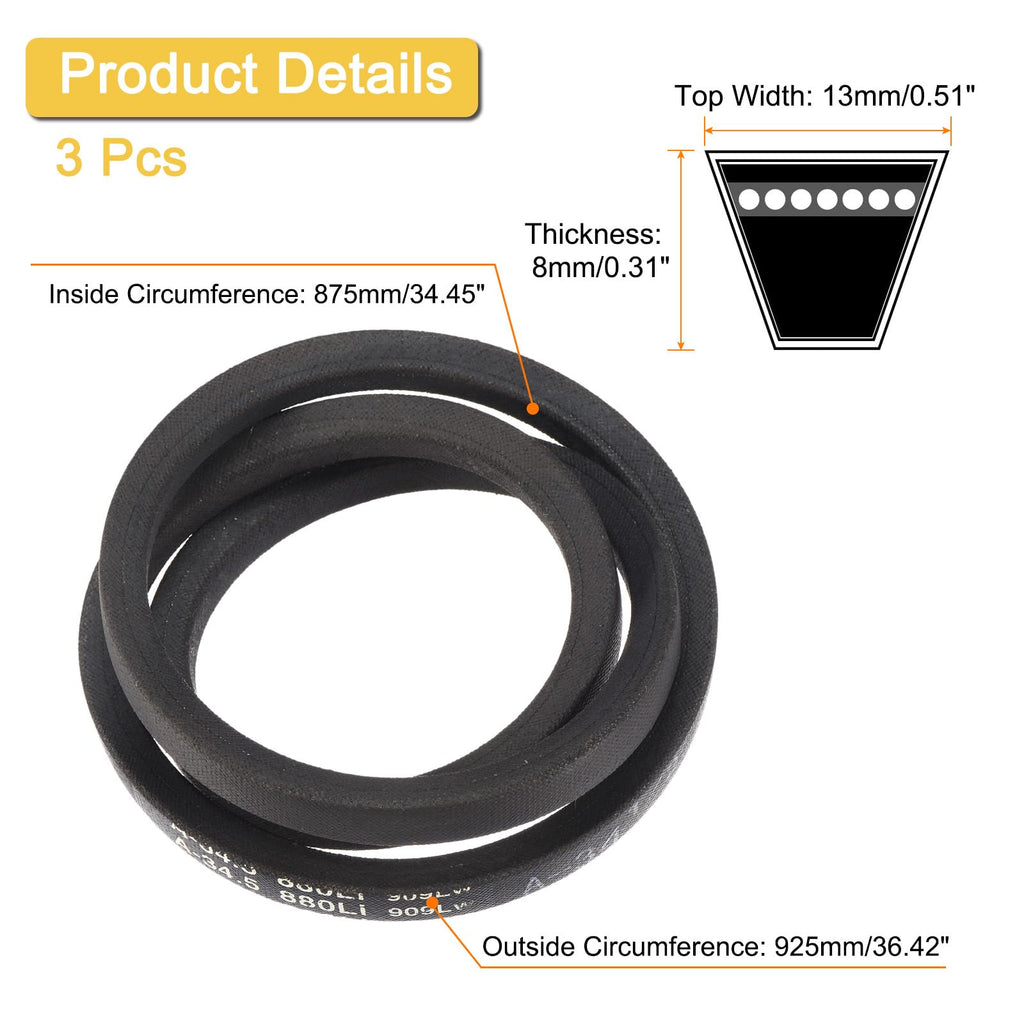 uxcell 3 Pack A34 1/2 Classic Wrapped V-Belt,36" Outer Circ A Profile,Black