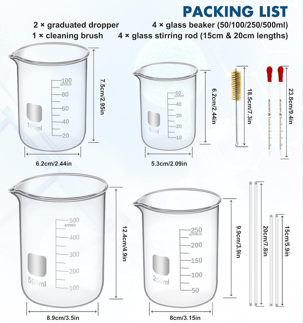 Glass Beaker Set, 19-Piece Labware Kit | Glass Beaker 50/100/250/500mL, Flask 50/100/150/250mL, Cylinder