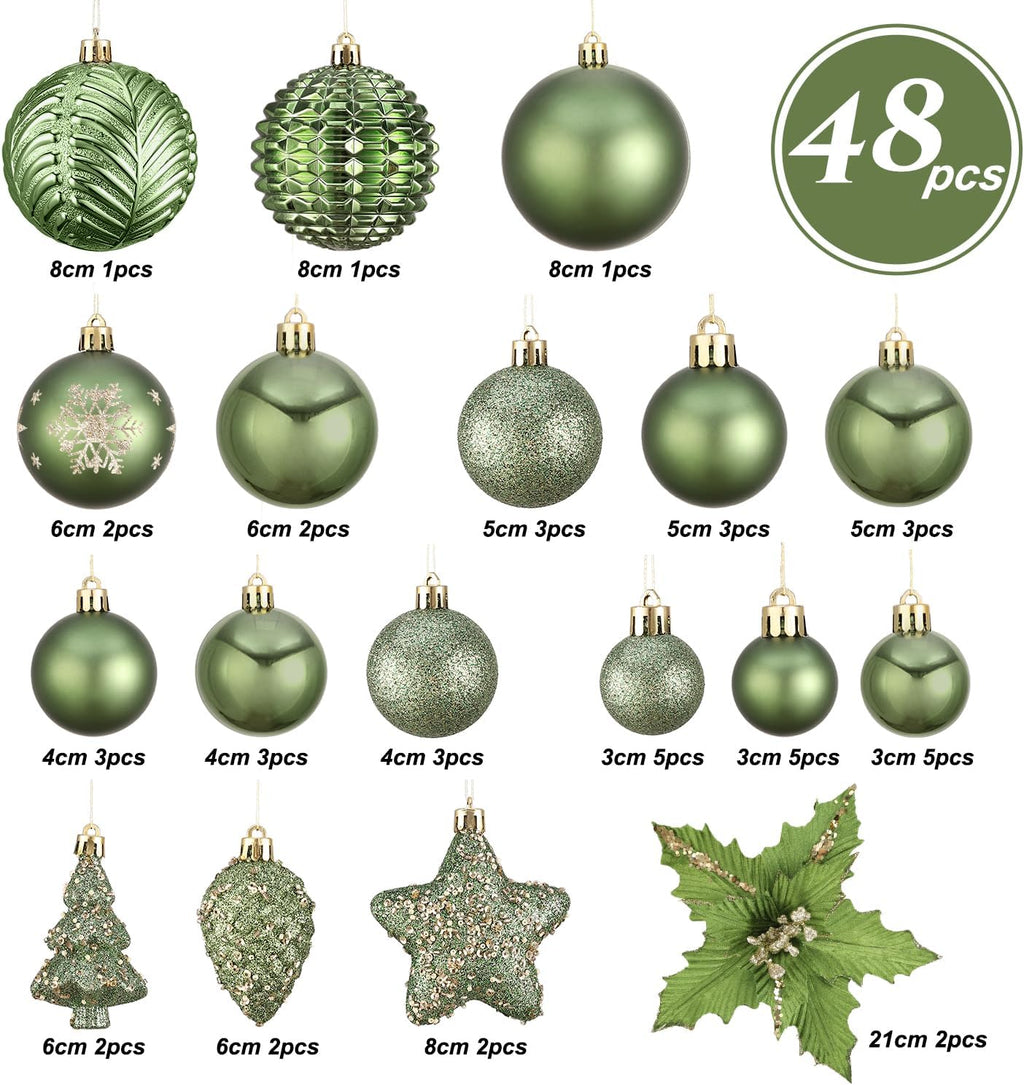 Christmas Ornaments Set, 48ct Green Shatterproof Christmas Tree Decorations Ball Large Glitter Christmas Flowers