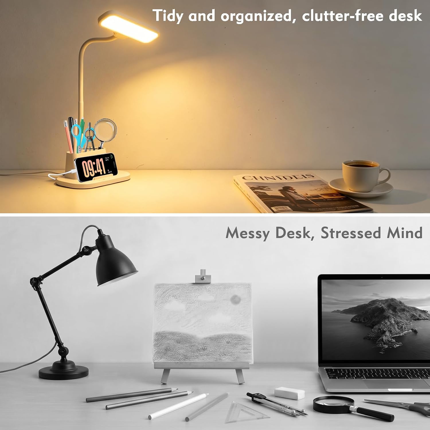 LED Desk Lamp for Dorm Small Desk Lamp with Pen Holder 5 Color Modes White | Dimmable Touch Control, USB Charging