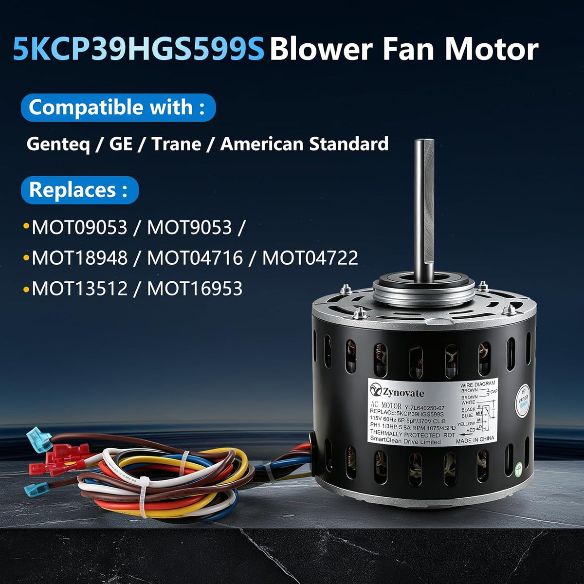 5KCP39HGS599S Blower Fan Motor 1/3 HP 115V 1075RPM 4-Speed, Furnace Blower Fan Motors Compatible with GE Trane Models MOT9053 MOT09053 MOT18948 MOT04716 MOT04722 MOT13512 MOT16953