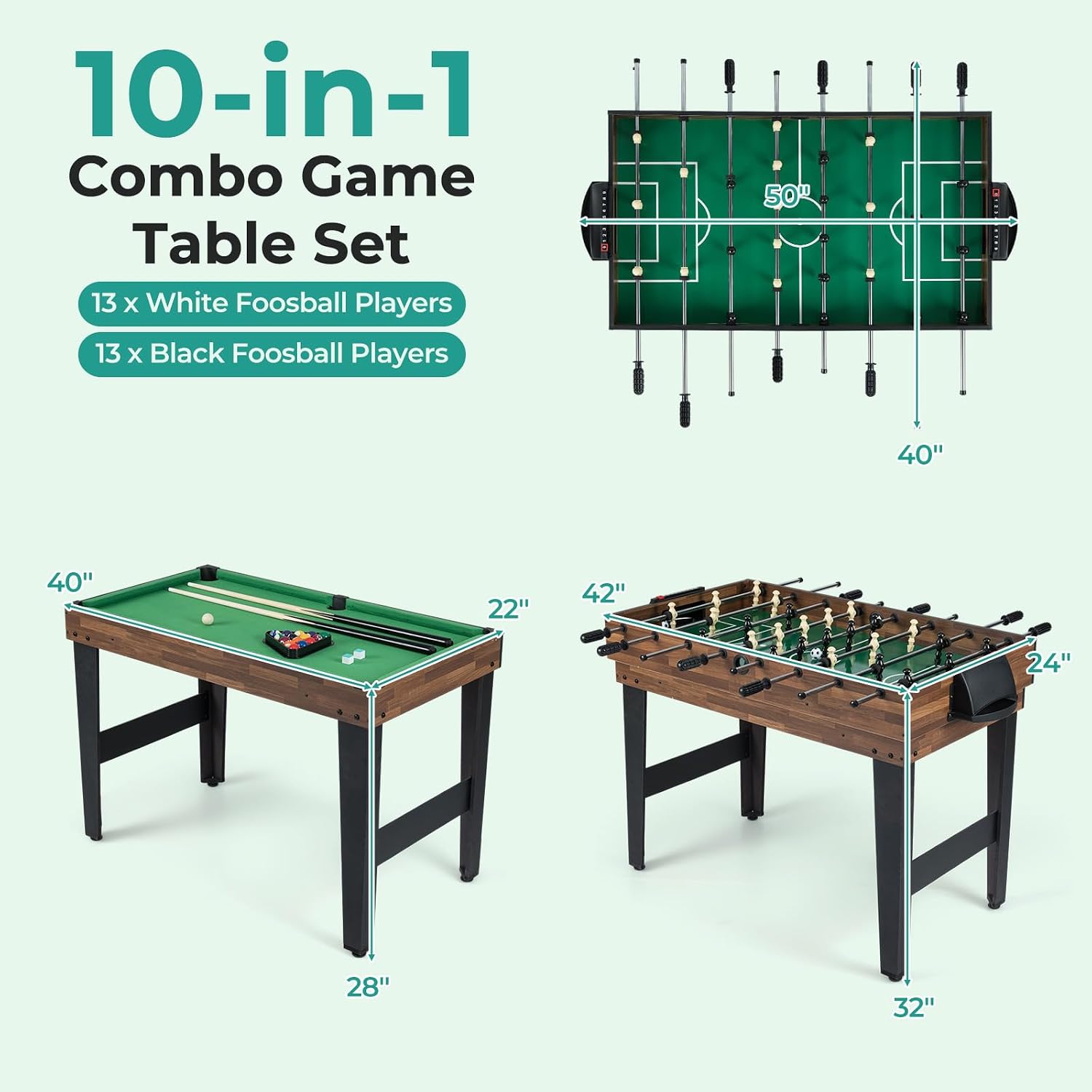 10-in-1 Multi Game Table, Combo Game Table Set w/Hockey, Foosball Pool Ping-Pong Chess Cards Checkers Bowling