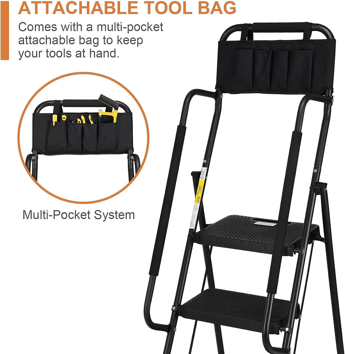 4 Step Ladder with Handrails, 330 lbs Folding Step Stool with Attachable Tool Bag & Anti-Slip Wide Pedal for Home