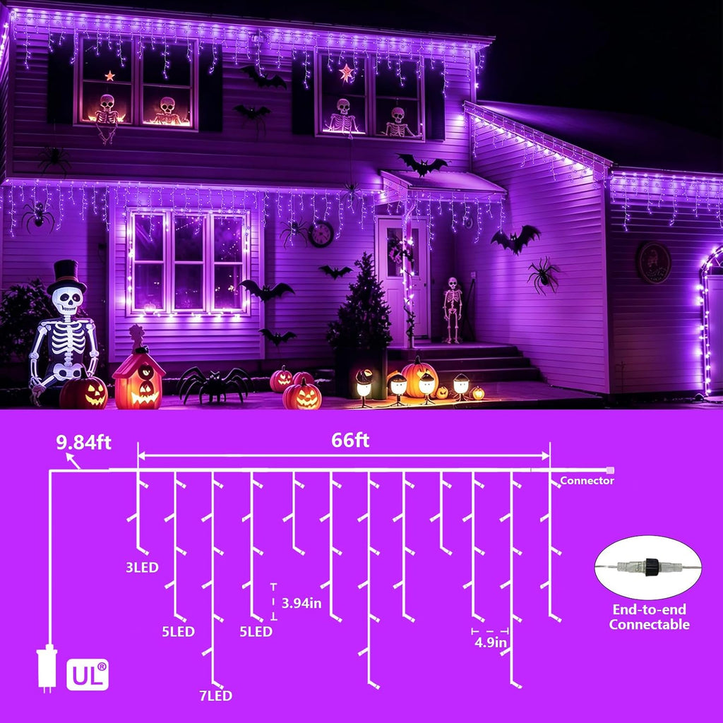 66ft 800 LED Icicle Lights Outdoor Waterproof, 160 Drops Halloween Lights Connectable, 8 Modes Icicle Christmas Light