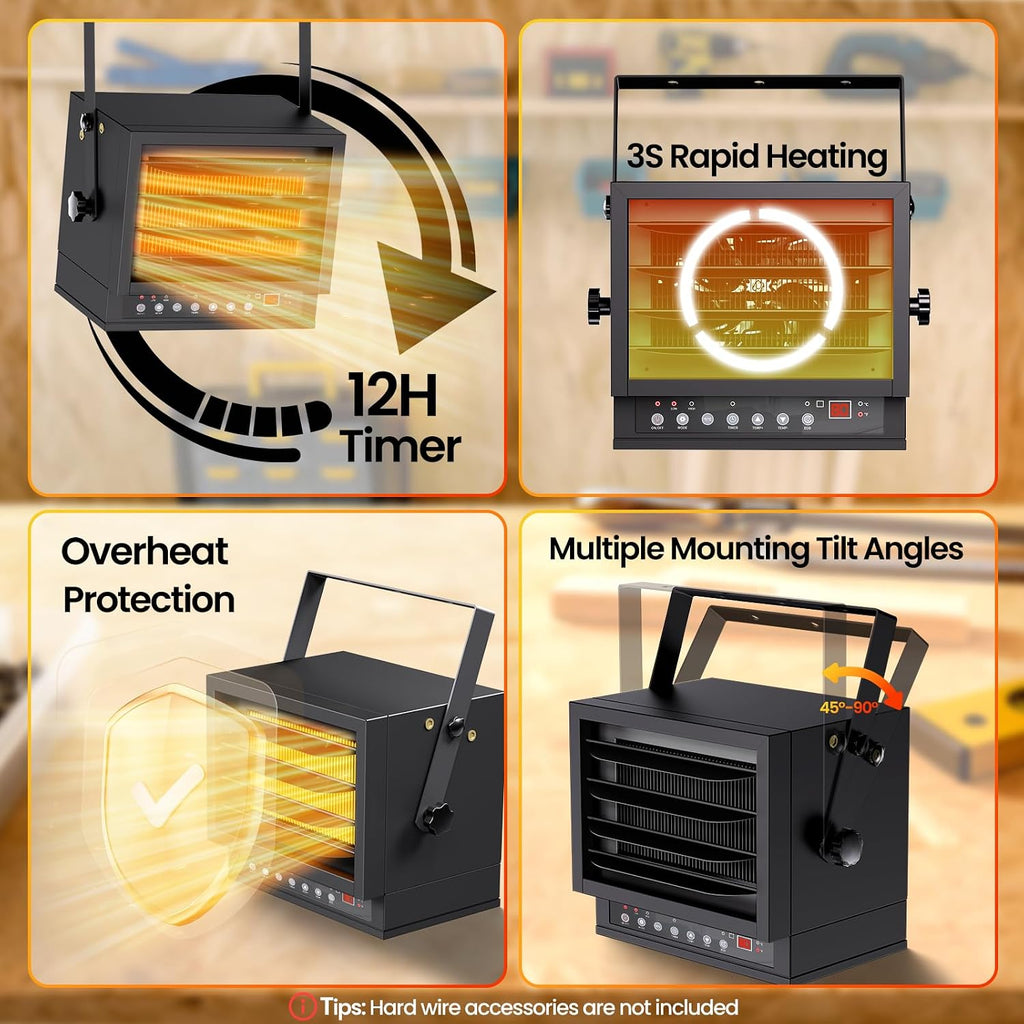 7500W Electric Garage Heater with Remote, 240V Hardwired Shop Heater | ECO Mode, 12H Timer, Ceiling Mount Design