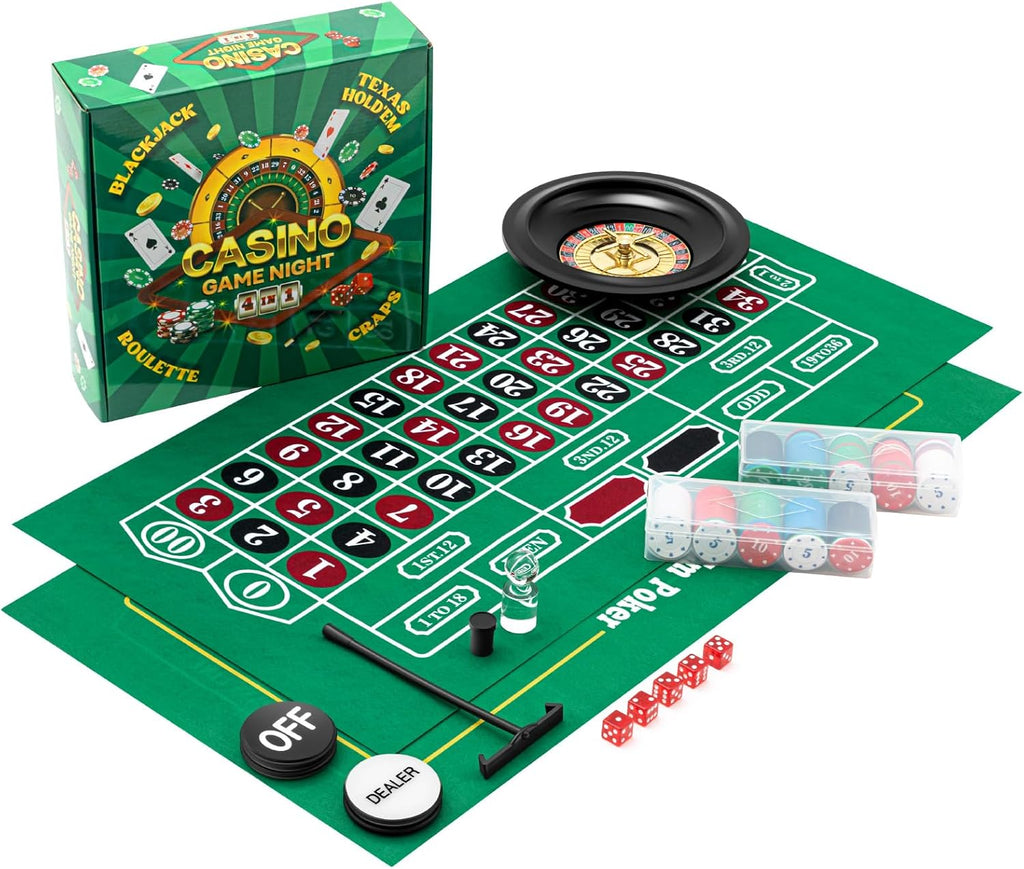 Casino Night 4 in 1 Complete Game Set for Craps Texas Holdem Party | 2 Double Sided Felts Layout Mat, 10" Roulette