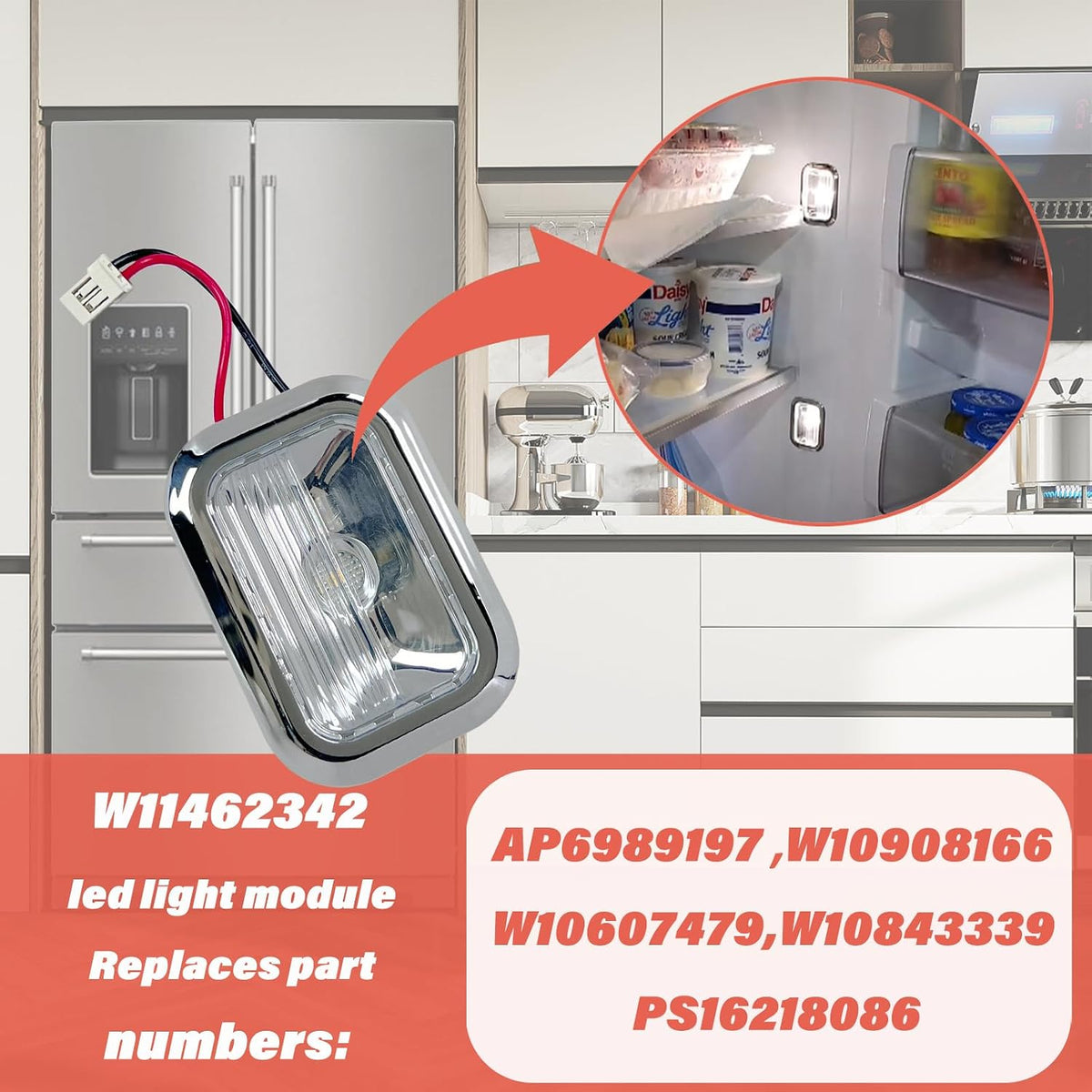 2Packs W11462342 W10843339 W10908166 W10607479 LED Module assembly For Whirlpool Kitchenaid Kenmore Refrigerator Replacement