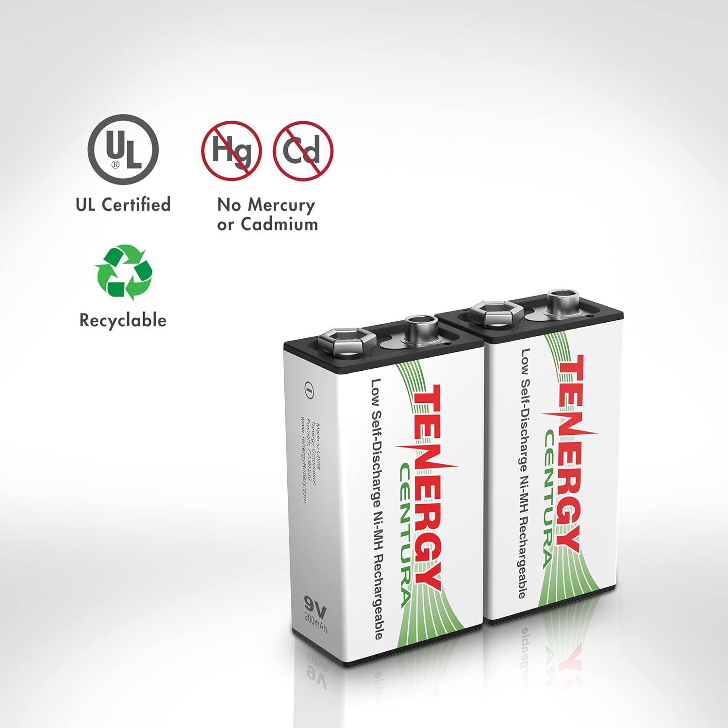 Centura 9V NIMH Rechargeable Batteries, 200mAh Low Self-Discharge Square Battery for Smoke Alarm/Detector, 2 Pack