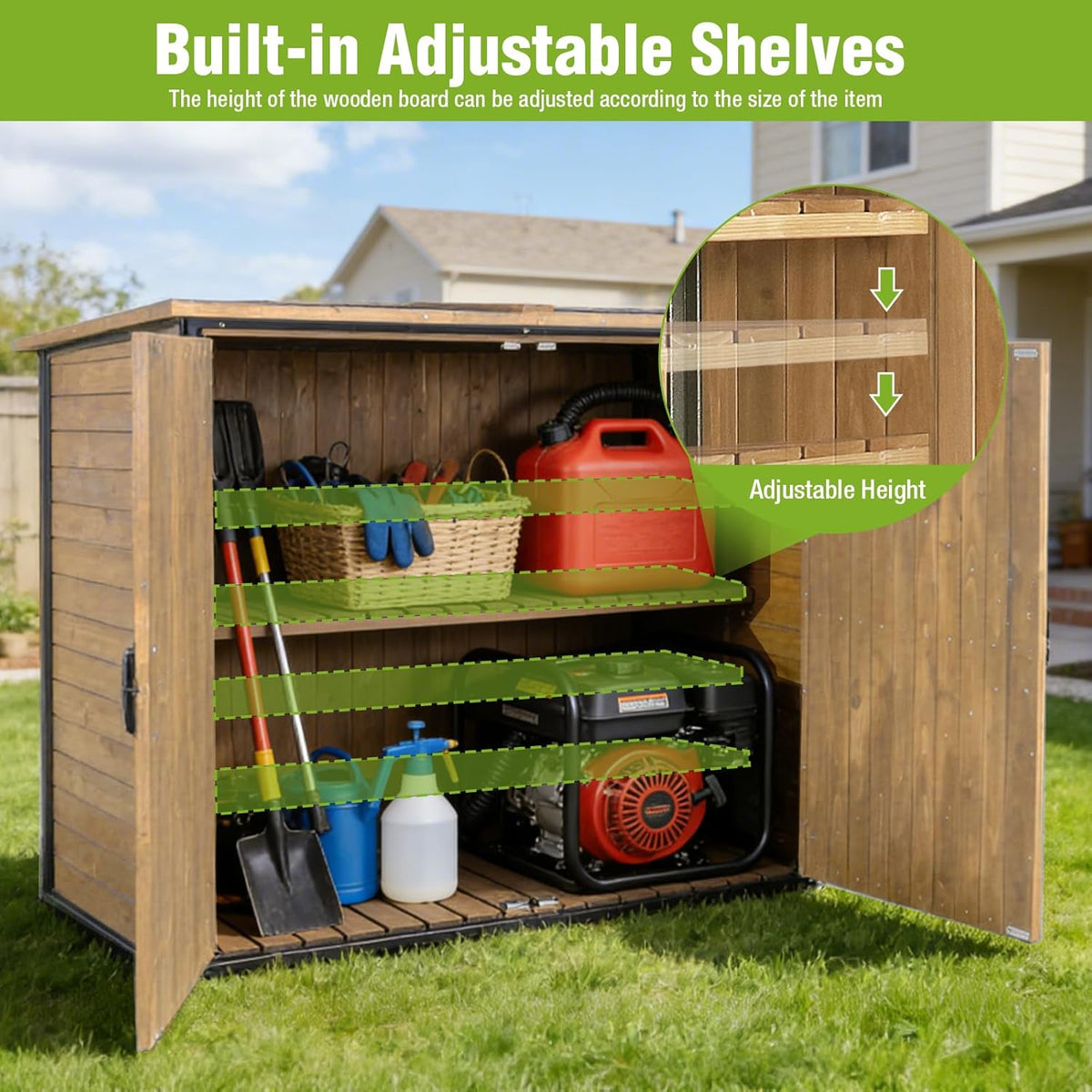 Outdoor Storage Shed with Strong Metal Frame, Wooden Garden Sheds with Adjustable Shelves and Removable Floor
