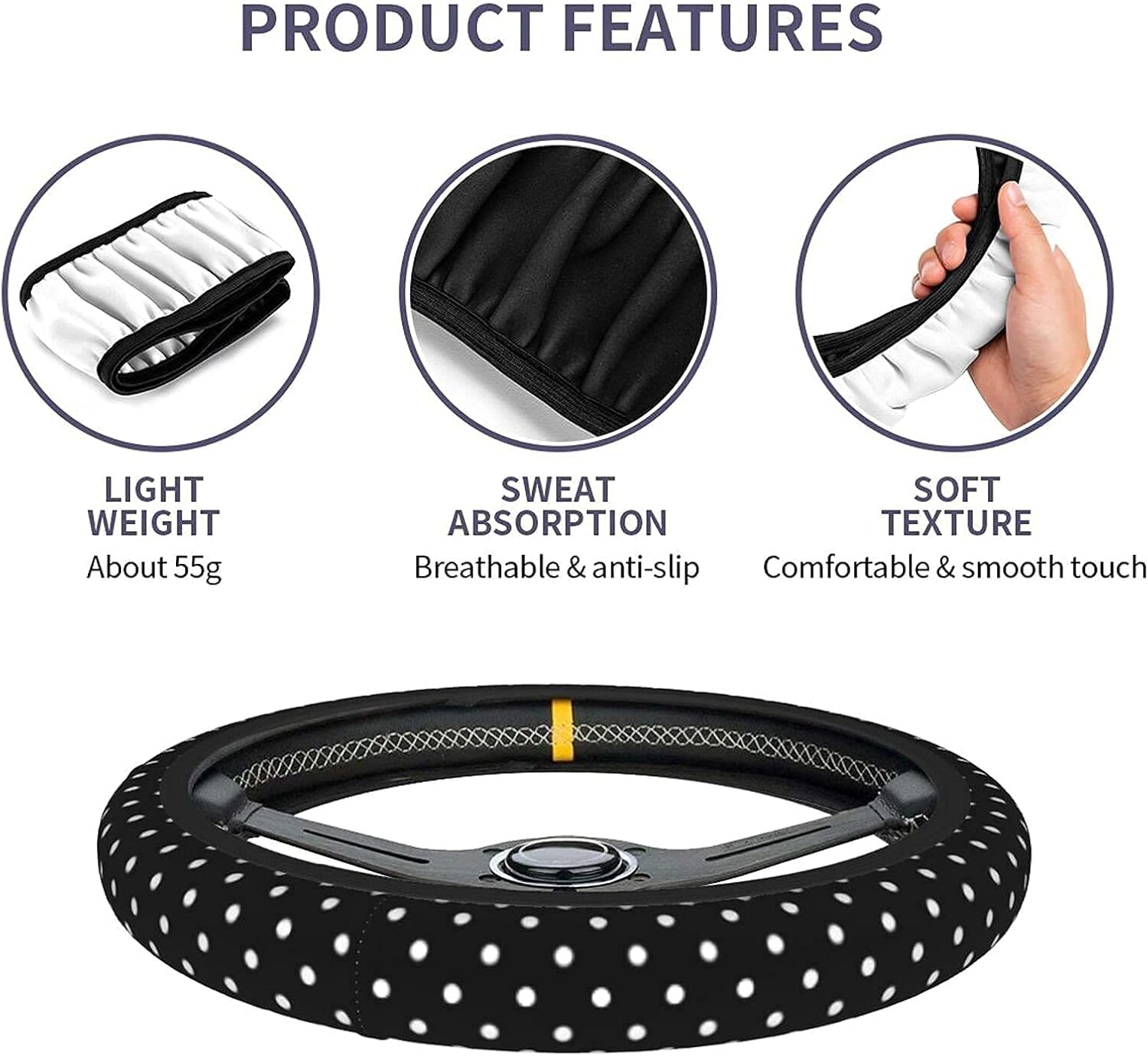 Black and White Polka Dot Steering Wheel Covers Non Slip Neoprene Steering Wheel Protector Universal 15 inch for