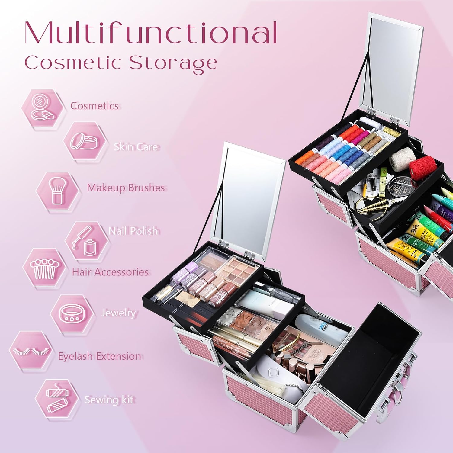 Makeup Case Organizer Makeup Box Cosmetic Train Case with Mirror | Cosmetic Box Portable Makeup Box Organizer 2 Trays