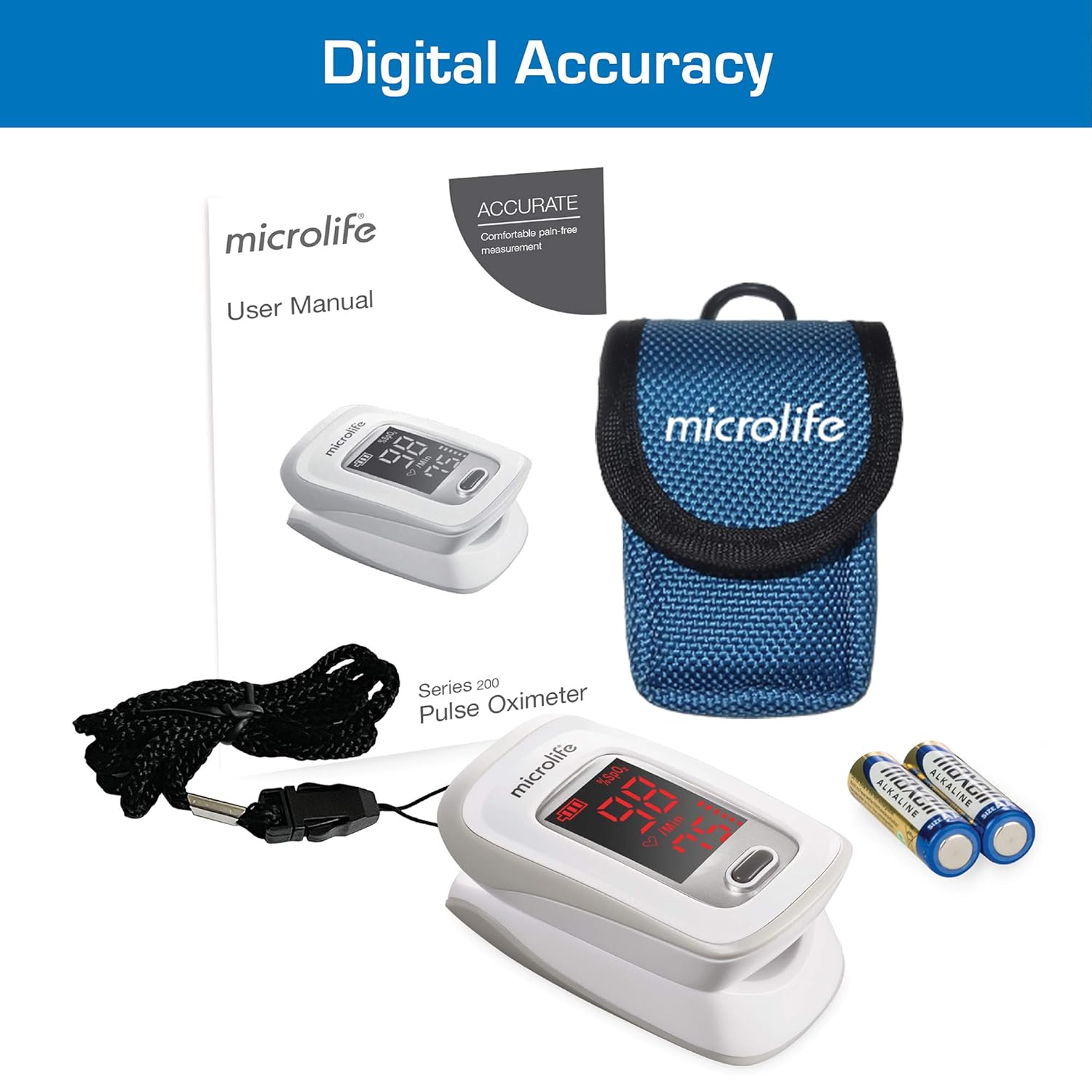 Series 200 Fingertip Pulse Oximeter, Blood Oxygen Saturation (SpO2) and Heart Rate Monitor, Includes Batteries