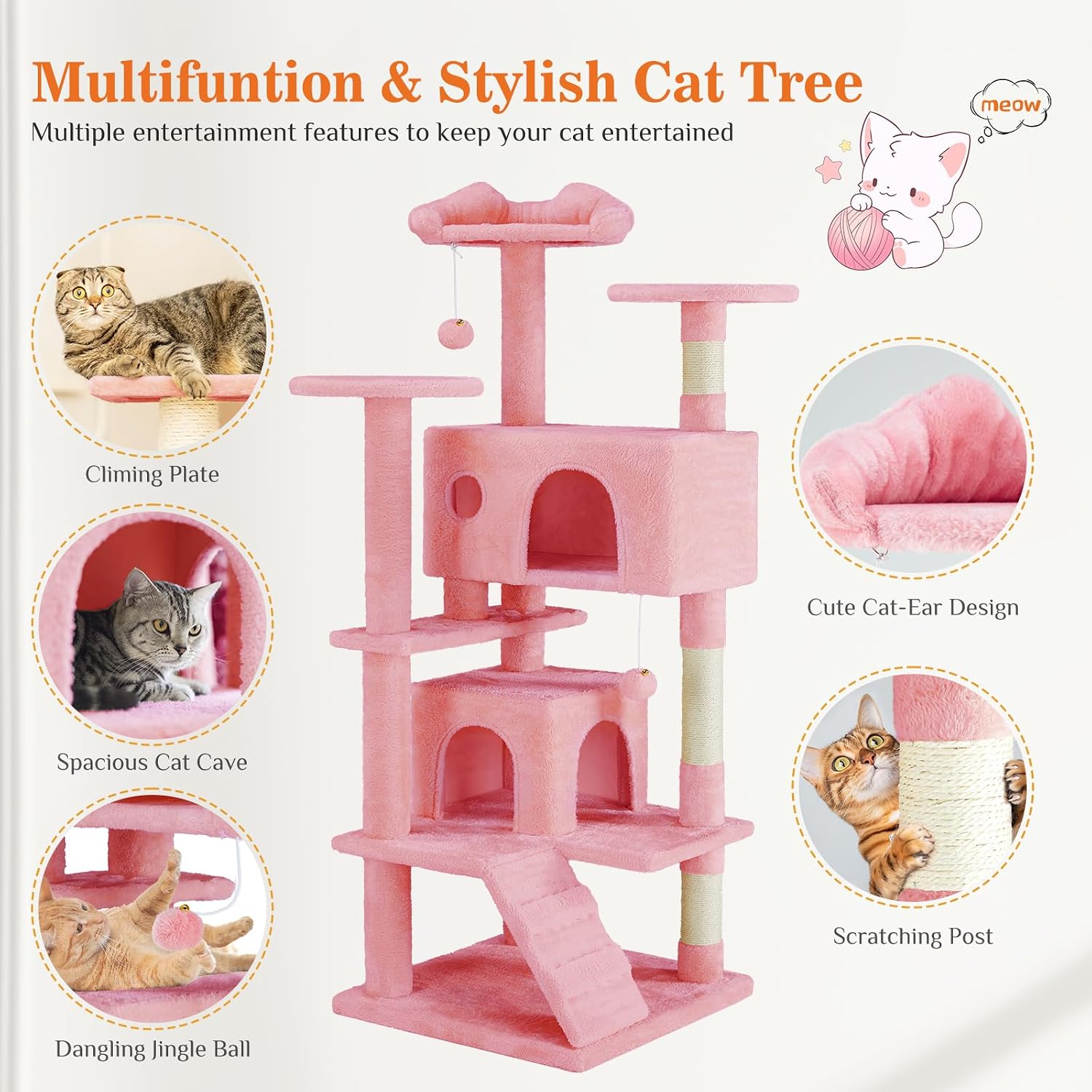54 Inch Cats Tree Tower, Multi-Level with Scratching Post, Indoor Cat Tree Condo with Climbing Ladder, Plush Toy