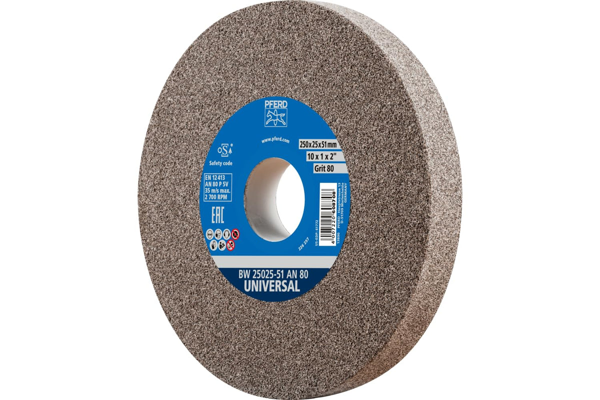 PFERD Vitrified Bench Grinding Wheel – Universal, 10" Diameter, 1" Thick, 1-1/4" Arbor, 80 Grit, Aluminum Oxide, for General Metalworking - Part 61772
