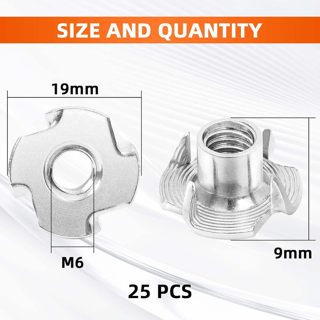 M6 T-Nut, Barrel Length 8mm, 304 Stainless Steel Threaded Insert, 4-Pronged Tee Nut for Wood, Rock Climbing Holds, Cabinetry, Furniture, 25 PCS