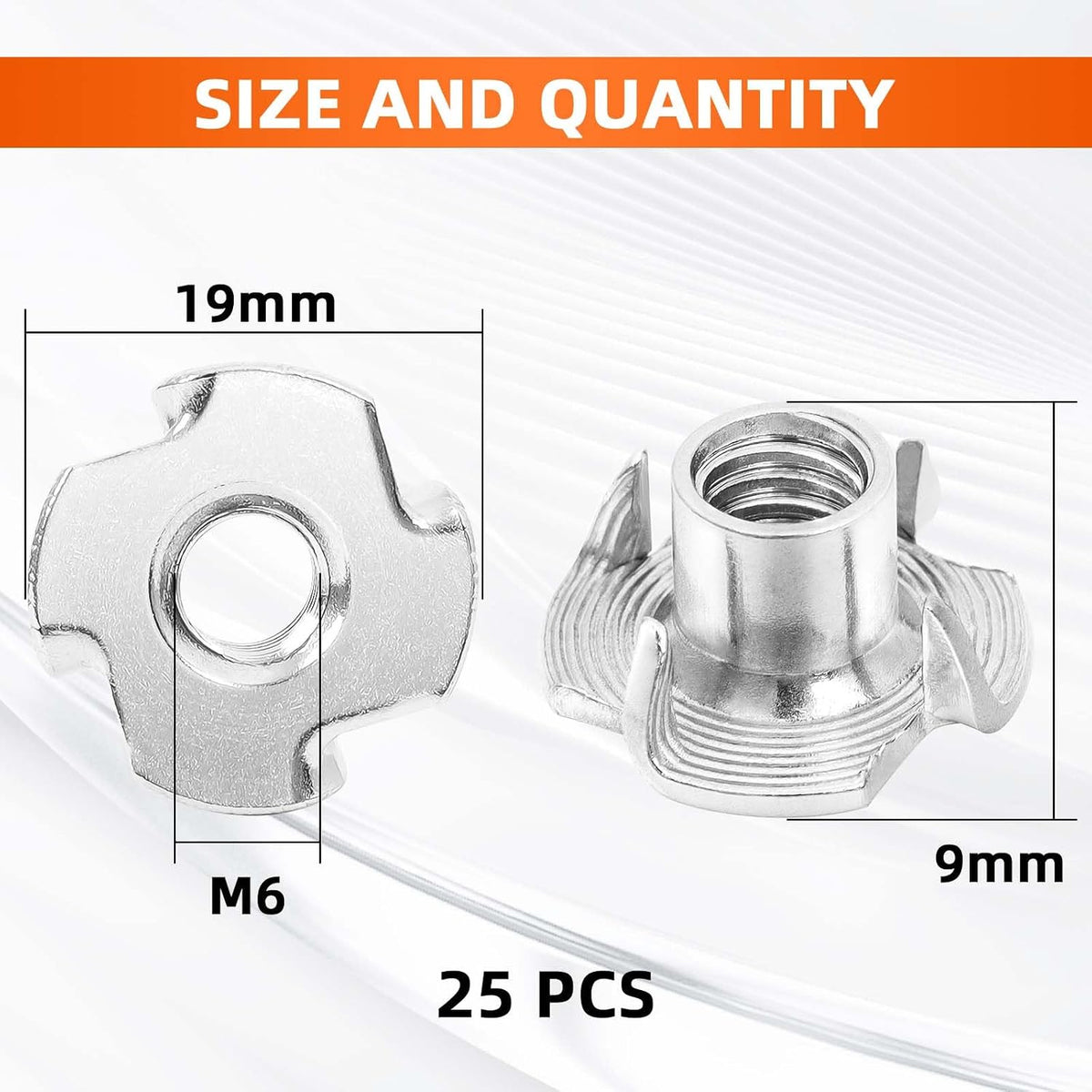 M6 T-Nut, Barrel Length 8mm, 304 Stainless Steel Threaded Insert, 4-Pronged Tee Nut for Wood, Rock Climbing Holds, Cabinetry, Furniture, 25 PCS