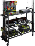 Fishing Rod Holders for Garage, Fishing Rod Stand with Wheels and Pegboard, 3-Tier Pole Storage Rack with 8 Hooks and