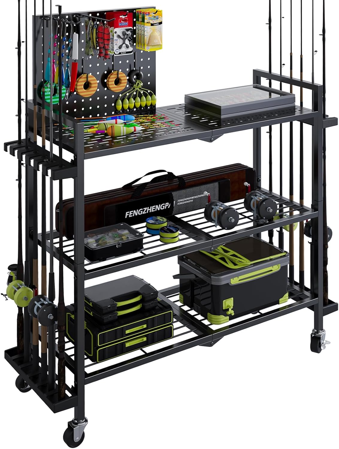 Fishing Rod Holders for Garage, Fishing Rod Stand with Wheels and Pegboard, 3-Tier Pole Storage Rack with 8 Hooks and
