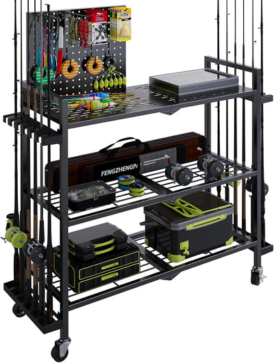 Fishing Rod Holders for Garage, Fishing Rod Stand with Wheels and Pegboard, 3-Tier Pole Storage Rack with 8 Hooks and